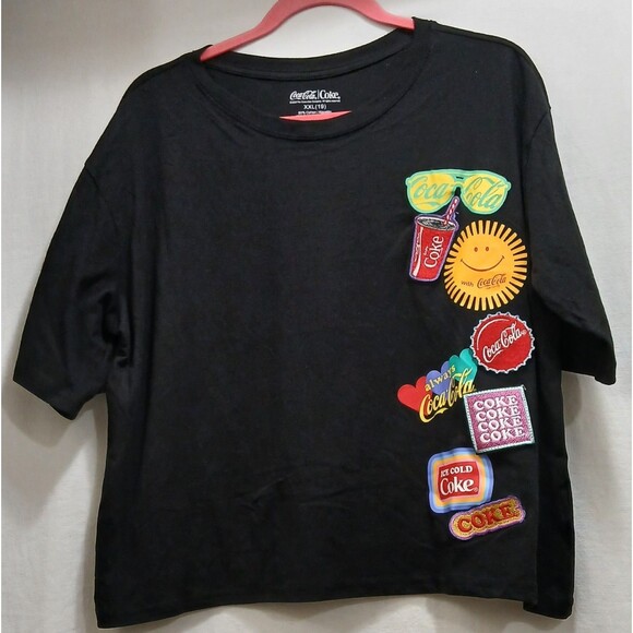 Coca-Cola Women’s 2XL Cropped Black T-Shirt Embroidered Patch Logo Graphic Tee - Picture 1 of 6
